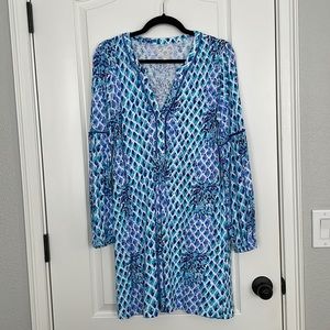 Lilly Pulitzer Toe In Blue White Pineapples Joy Long Sleeve Dress